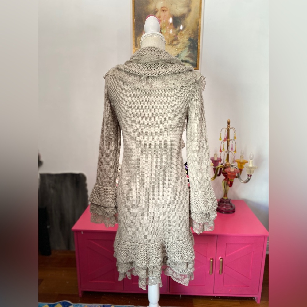 ❌SOLD❌ SIONI MIXED MEDIA APPLIQUÉ WOOL CARDIGAN SWEATER LARGE GREY BROWN - Picture 5 of 9